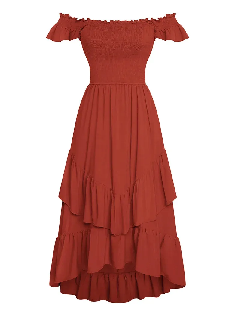 Women Off Shoulder Ruffle Sleeve Layered Pocket Dress