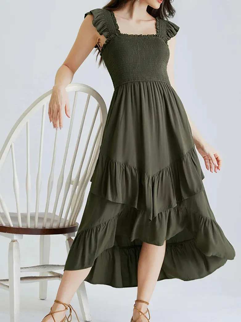 Women Off Shoulder Ruffle Sleeve Layered Pocket Dress
