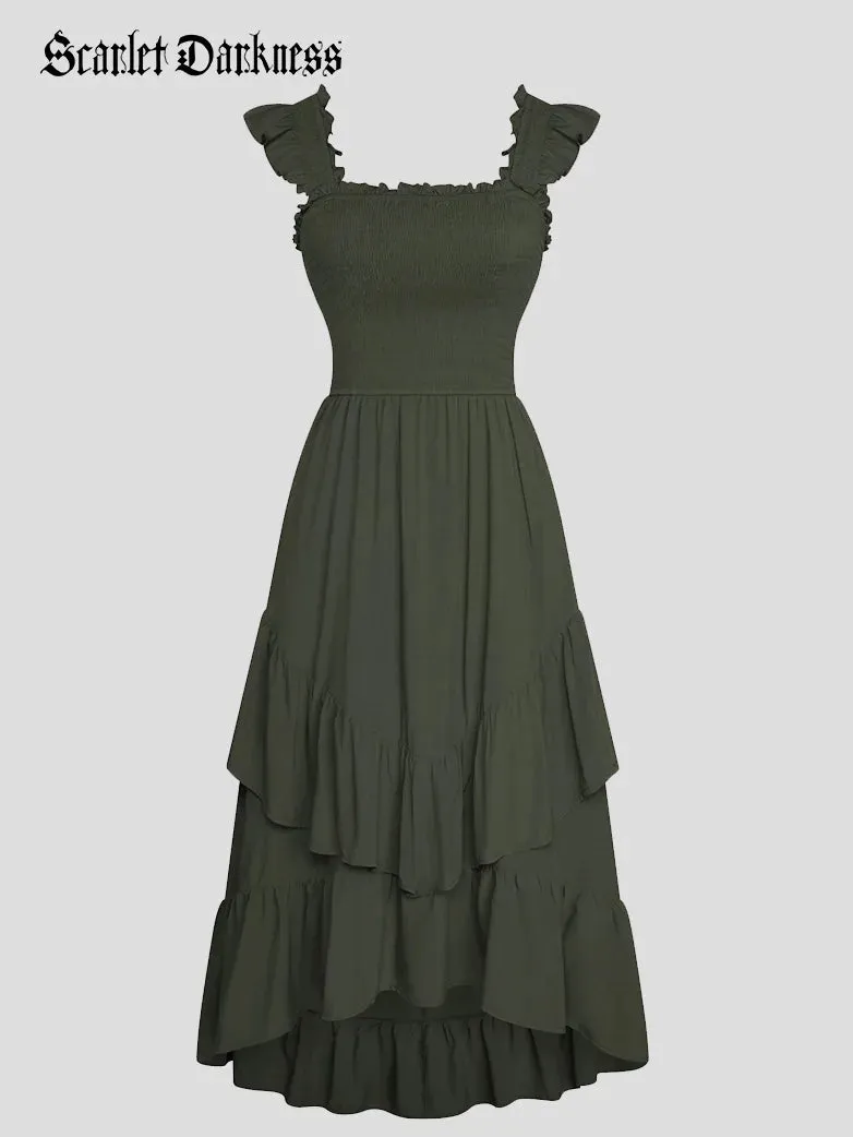 Women Off Shoulder Ruffle Sleeve Layered Pocket Dress