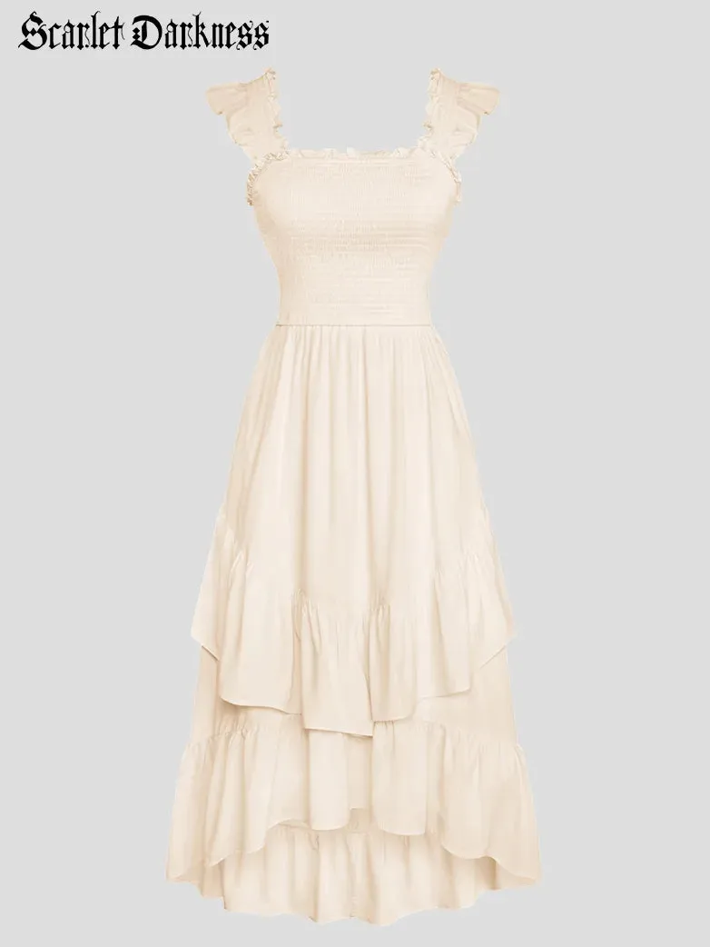Women Off Shoulder Ruffle Sleeve Layered Pocket Dress