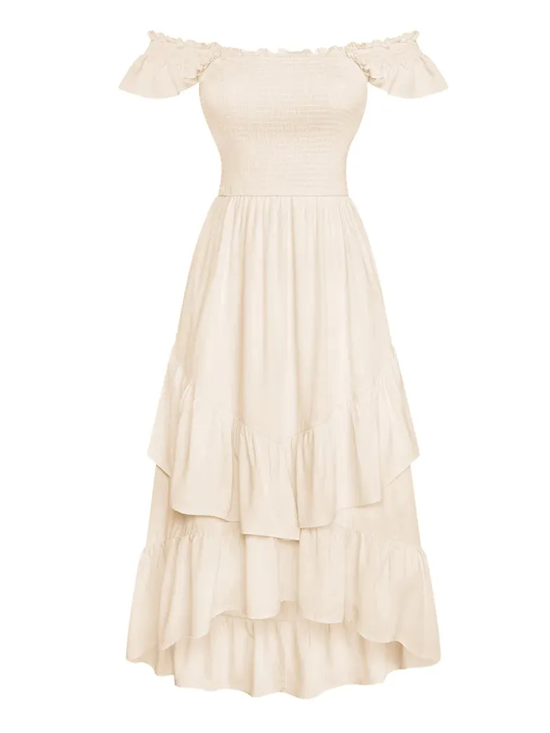 Women Off Shoulder Ruffle Sleeve Layered Pocket Dress