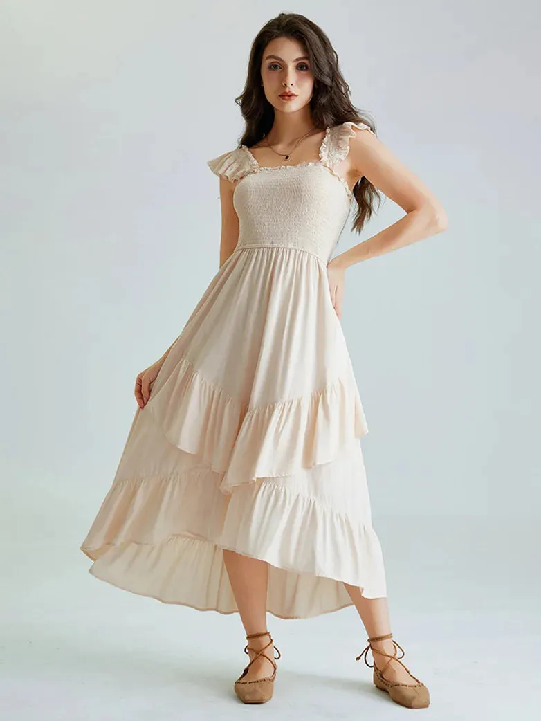 Women Off Shoulder Ruffle Sleeve Layered Pocket Dress