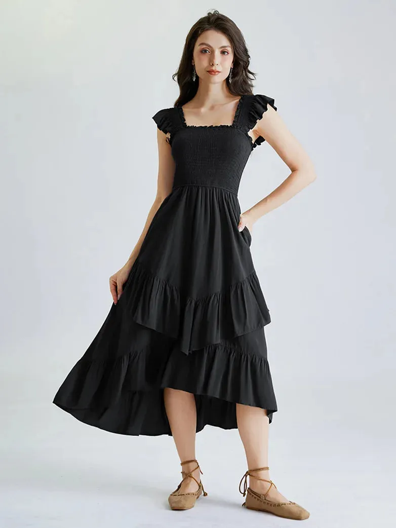 Women Off Shoulder Ruffle Sleeve Layered Pocket Dress