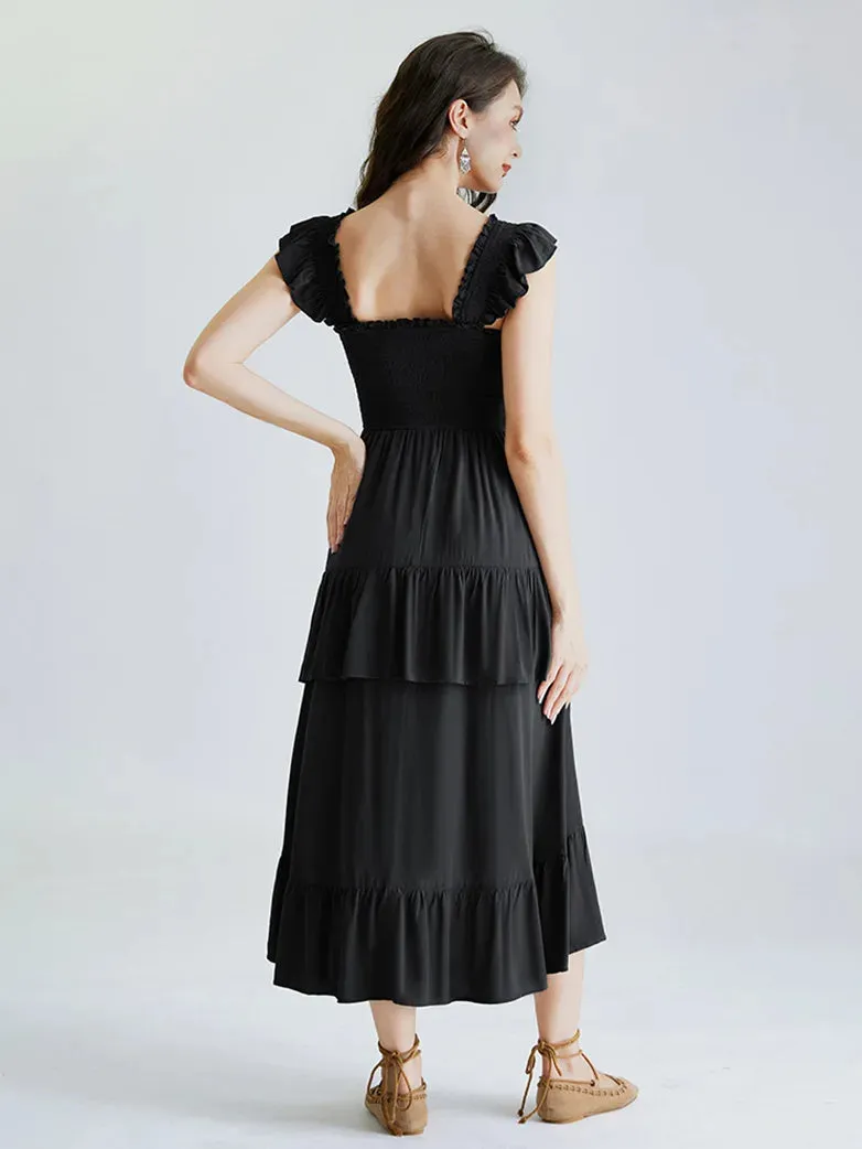 Women Off Shoulder Ruffle Sleeve Layered Pocket Dress
