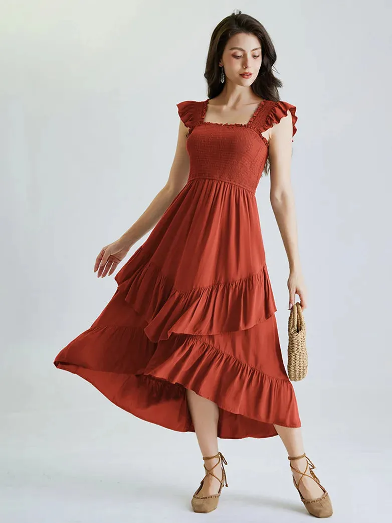 Women Off Shoulder Ruffle Sleeve Layered Pocket Dress
