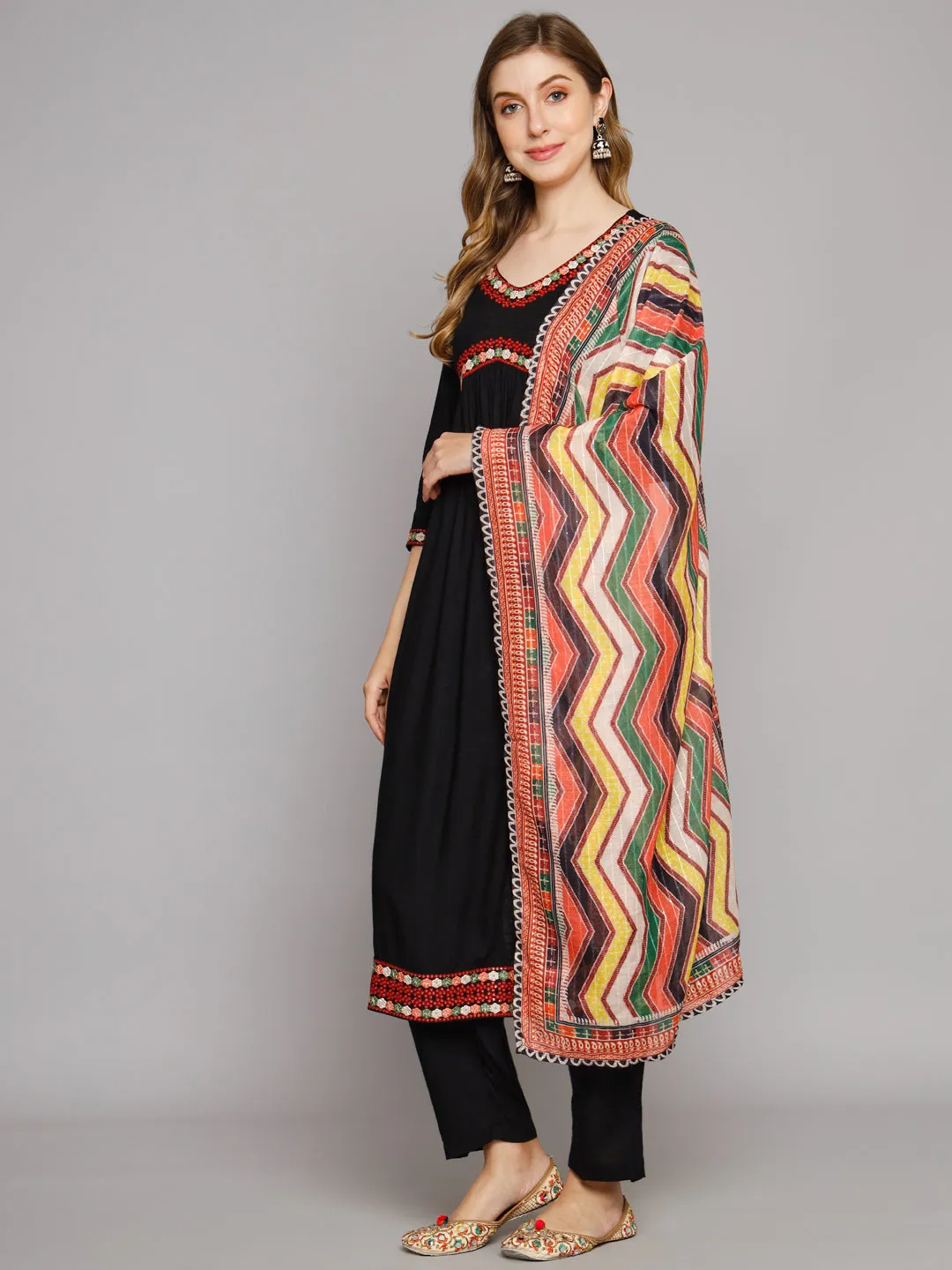 Women's Black Rayon A-Line Ethnic Sets