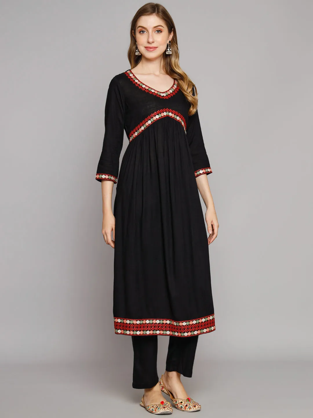 Women's Black Rayon A-Line Ethnic Sets