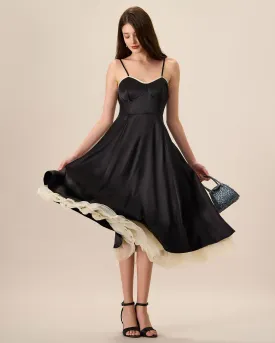 Women's Black Splicing Satin Slip Midi Dress Women's Black Splicing Satin Slip Midi Dress