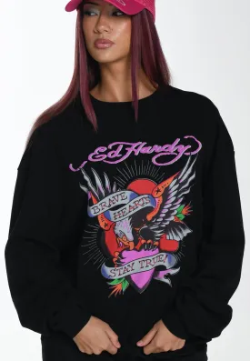 Womens Brave Heart Graphic Relaxed Crew Neck Sweatshirt - Black