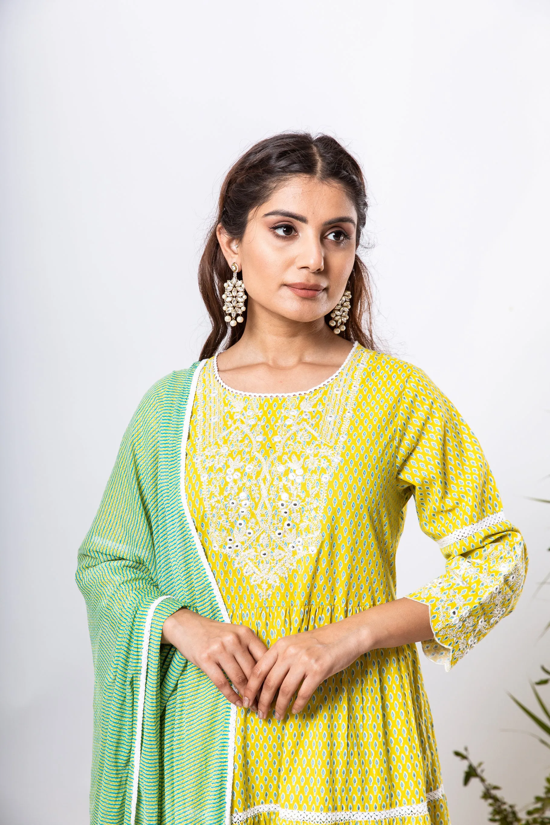 Womens Cotton Lemon Green Tiered Kurta Palazzo and Dupatta Set