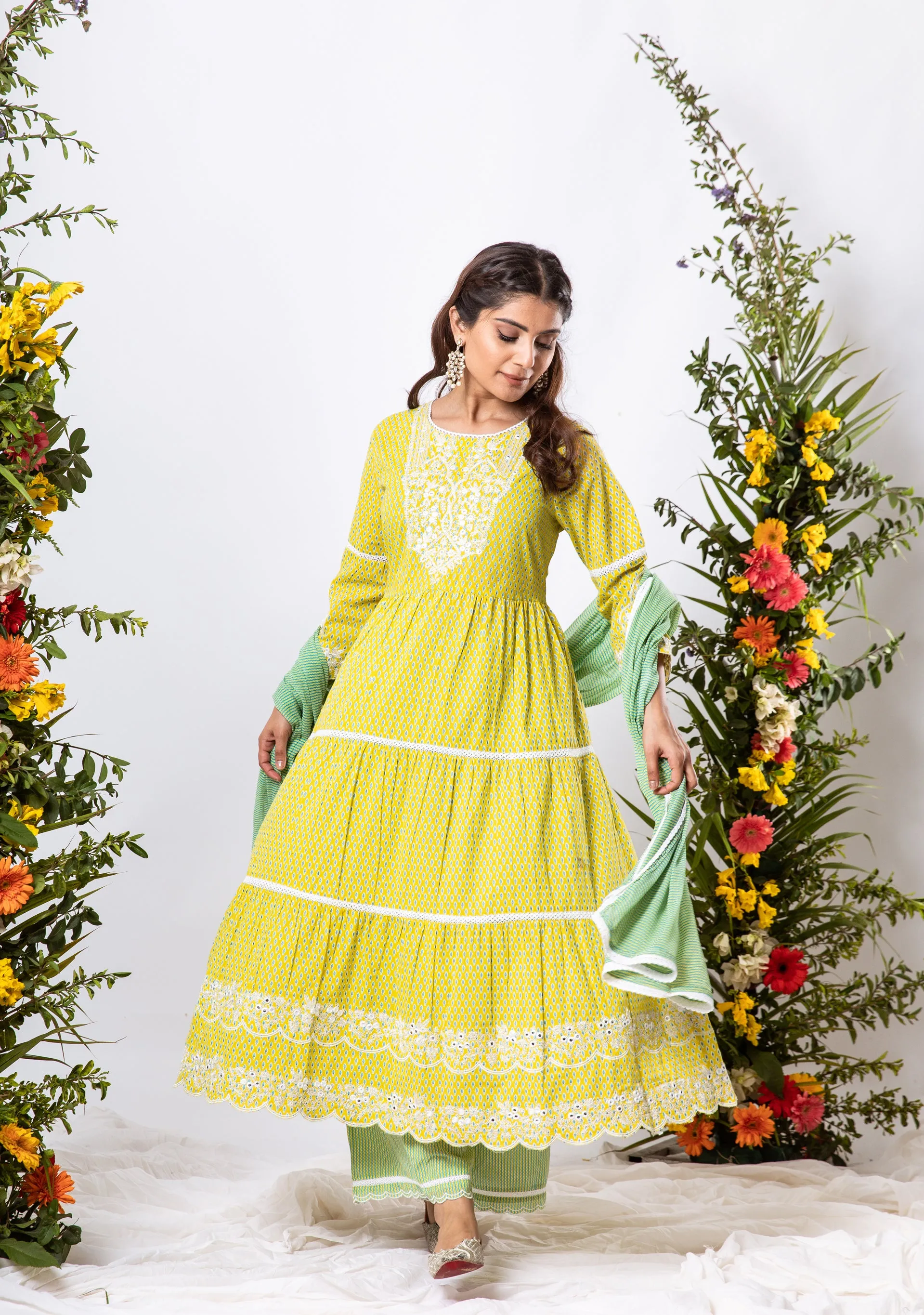 Womens Cotton Lemon Green Tiered Kurta Palazzo and Dupatta Set