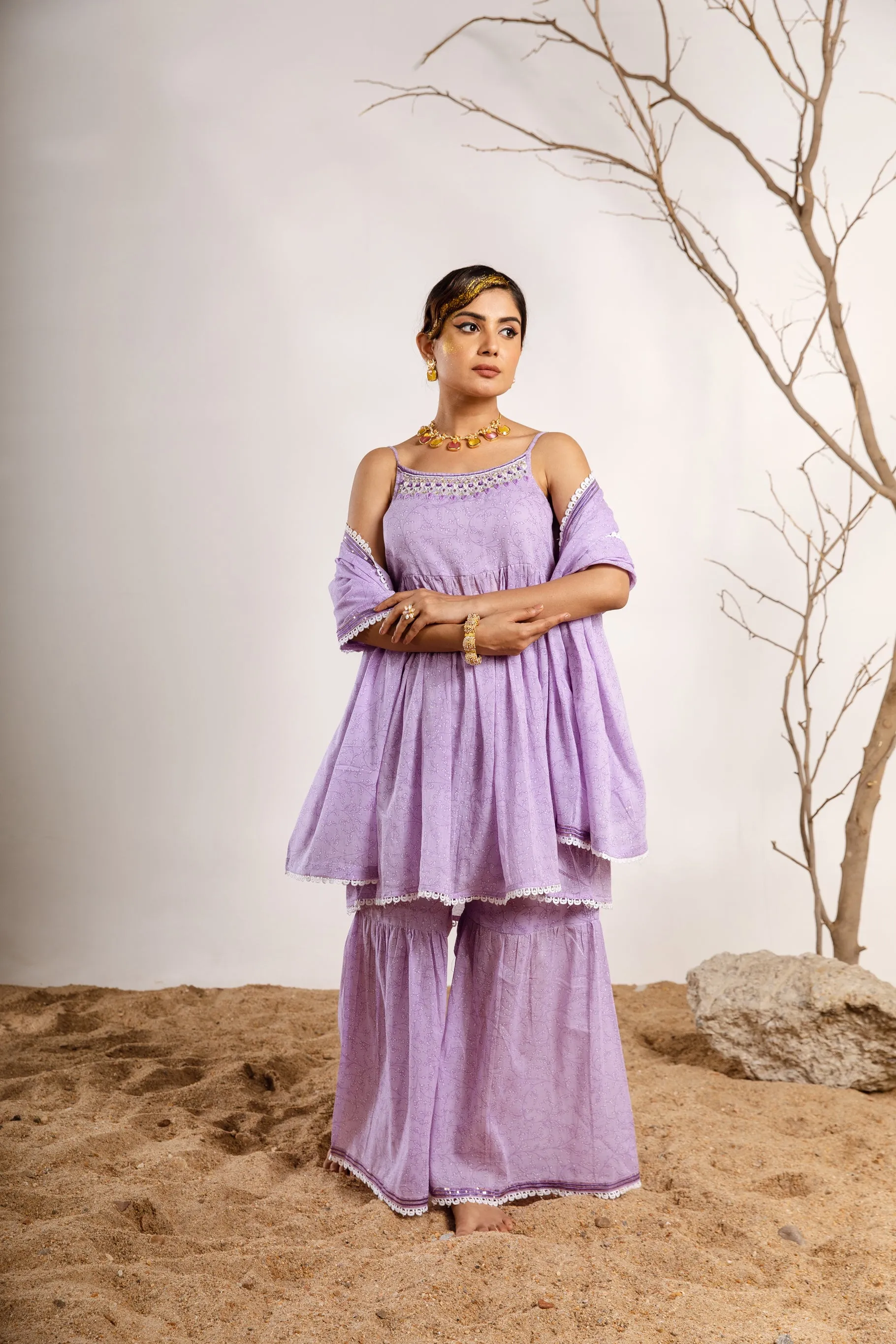 Womens Cotton Purple A-line Kurta Sharara and Dupatta With Fancy Potli Set