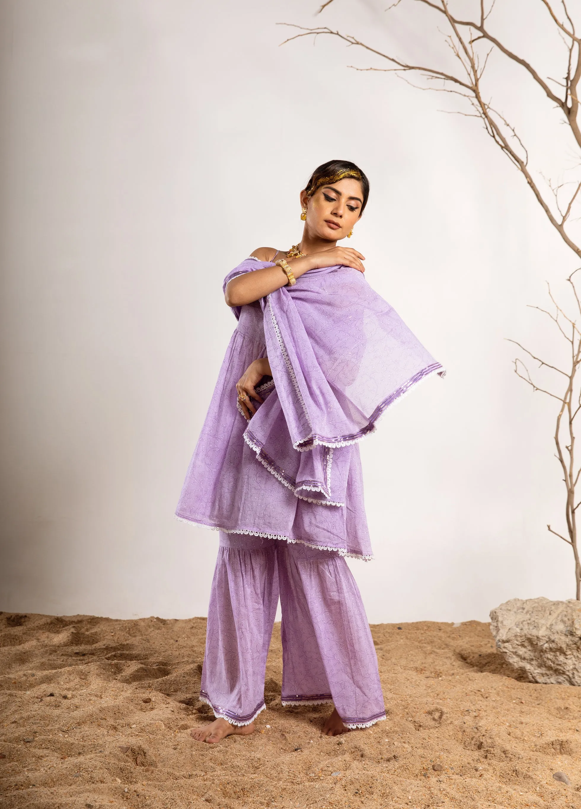 Womens Cotton Purple A-line Kurta Sharara and Dupatta With Fancy Potli Set