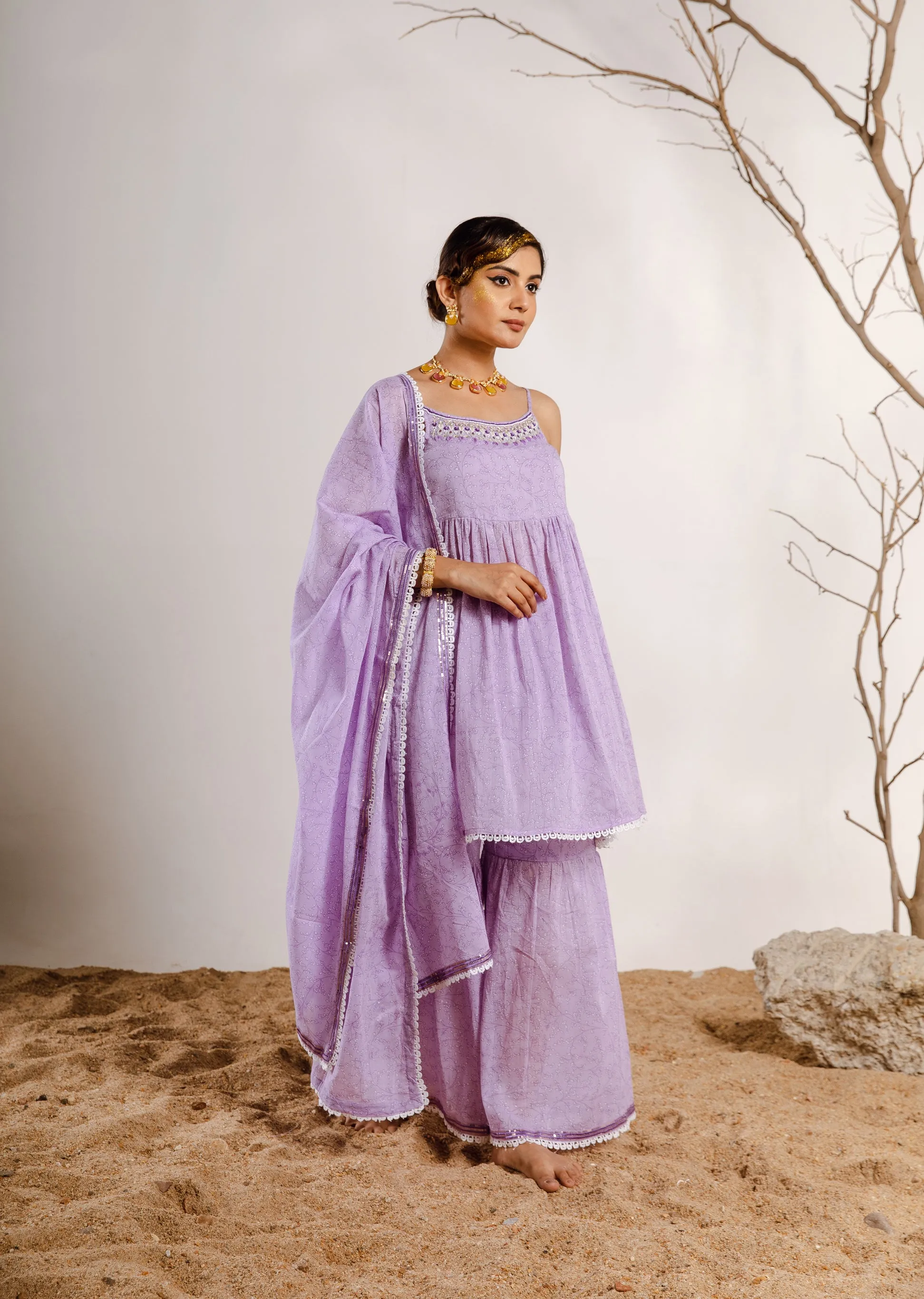 Womens Cotton Purple A-line Kurta Sharara and Dupatta With Fancy Potli Set
