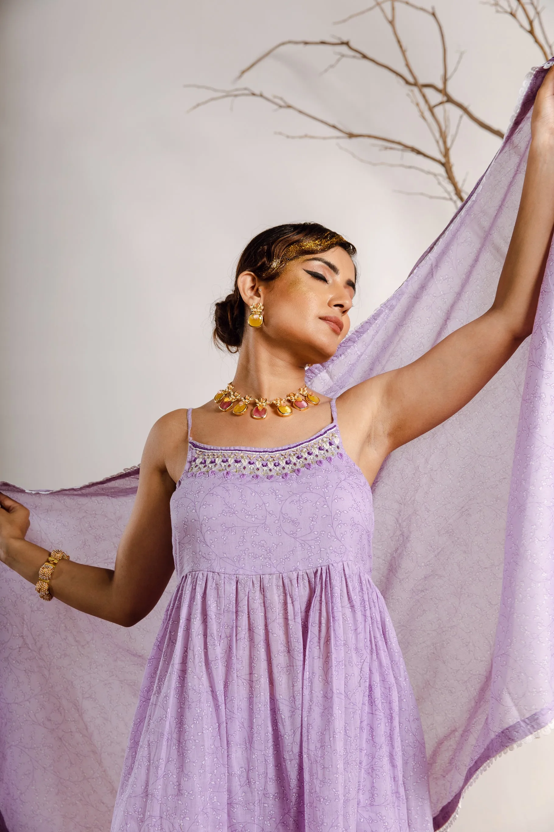 Womens Cotton Purple A-line Kurta Sharara and Dupatta With Fancy Potli Set