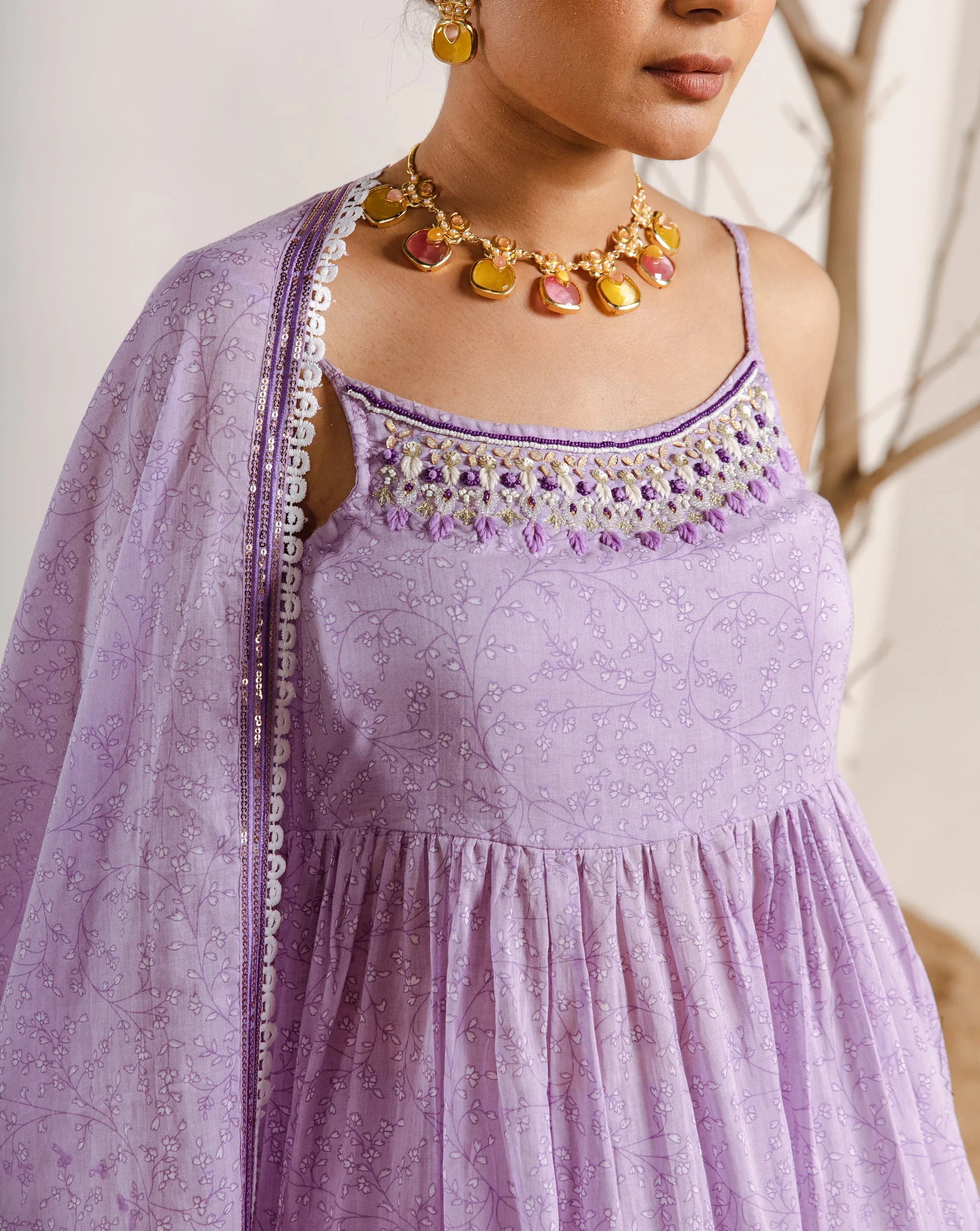Womens Cotton Purple A-line Kurta Sharara and Dupatta With Fancy Potli Set