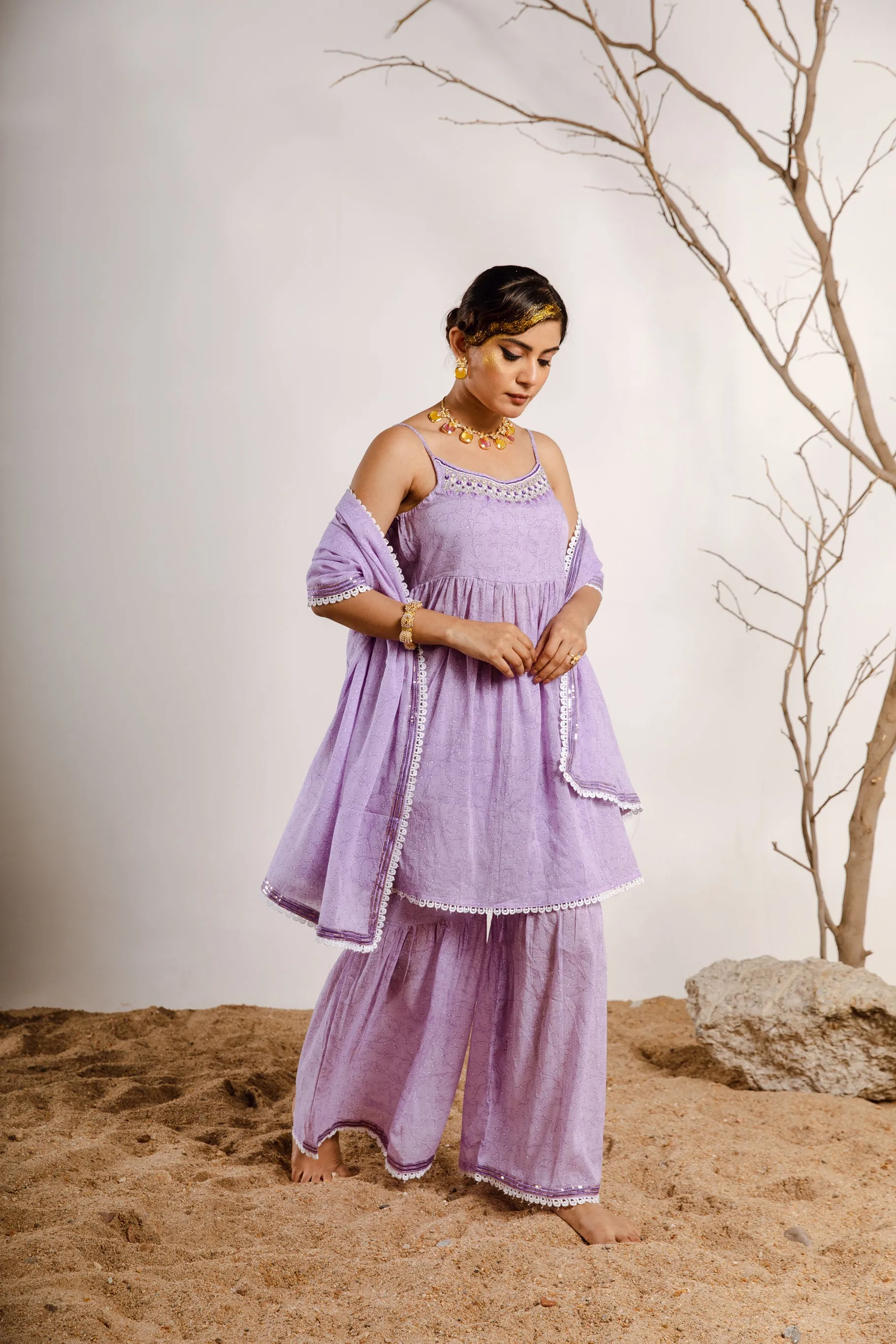 Womens Cotton Purple A-line Kurta Sharara and Dupatta With Fancy Potli Set