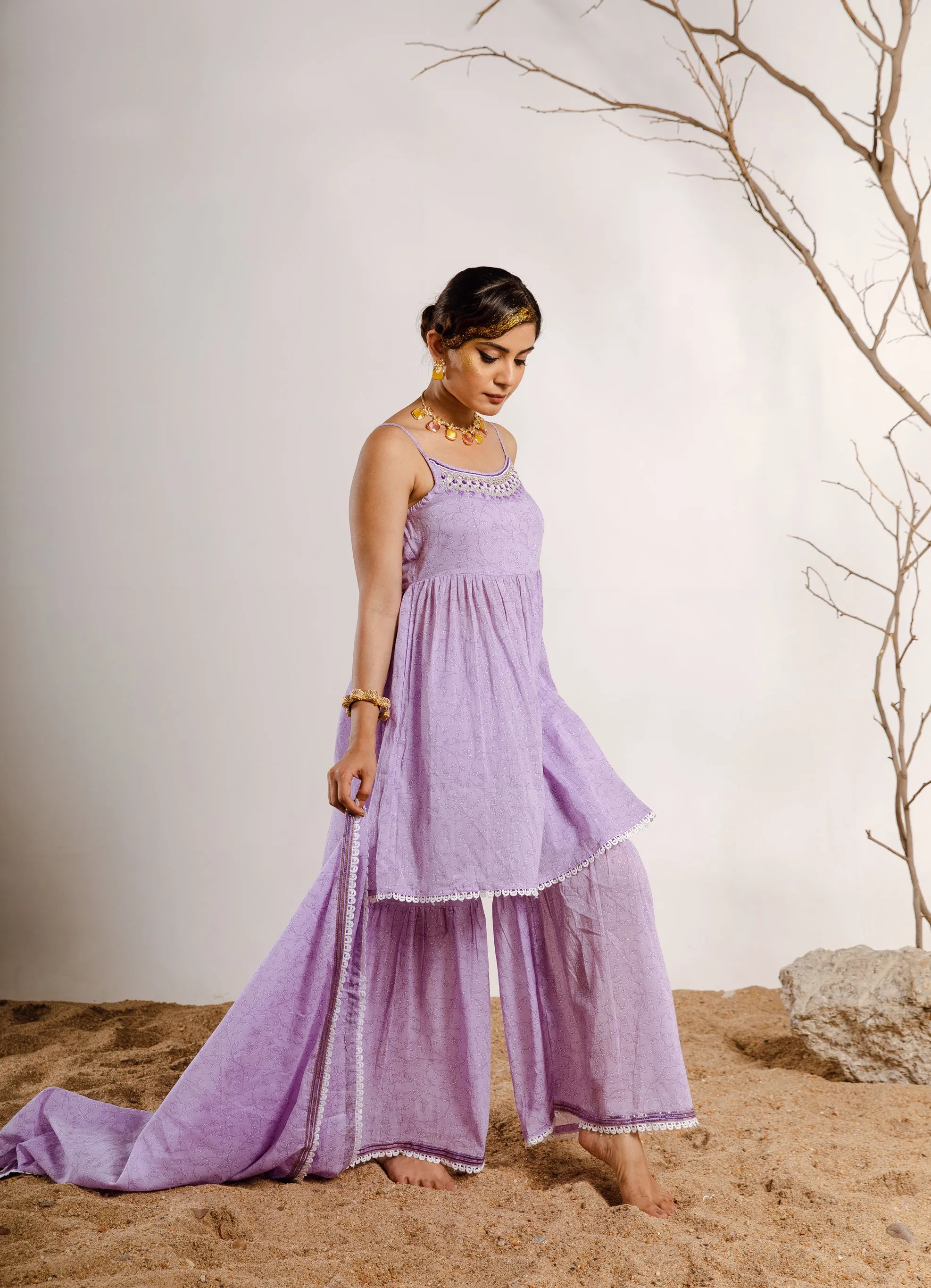 Womens Cotton Purple A-line Kurta Sharara and Dupatta With Fancy Potli Set
