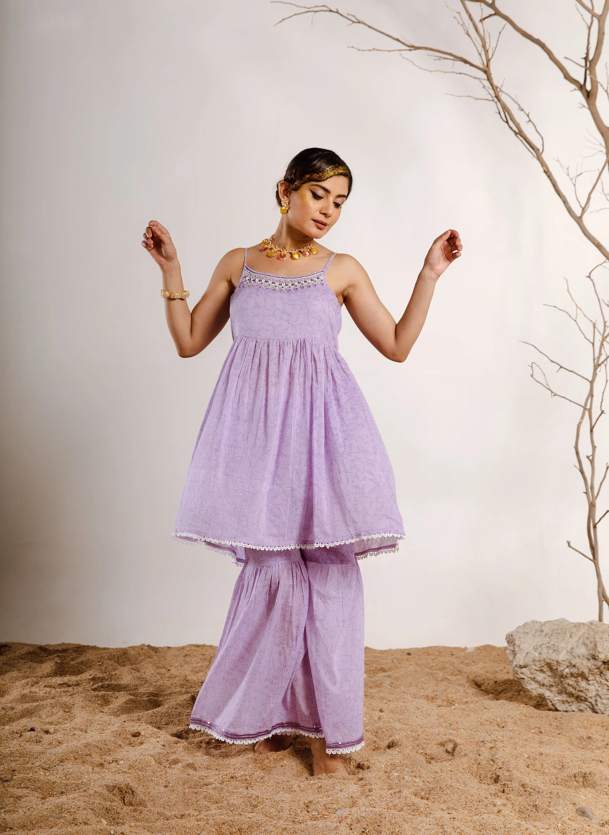 Womens Cotton Purple A-line Kurta Sharara and Dupatta With Fancy Potli Set