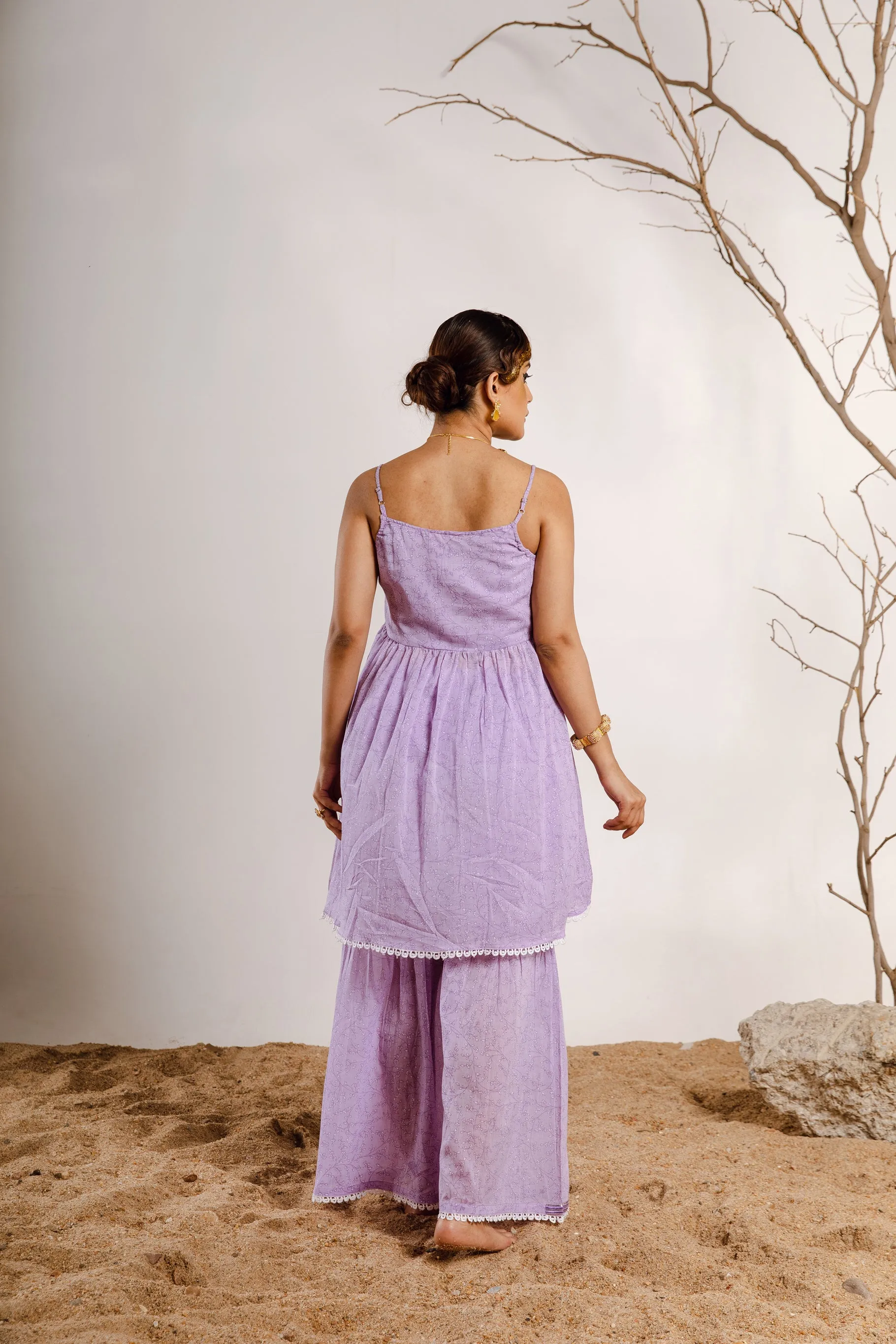 Womens Cotton Purple A-line Kurta Sharara and Dupatta With Fancy Potli Set