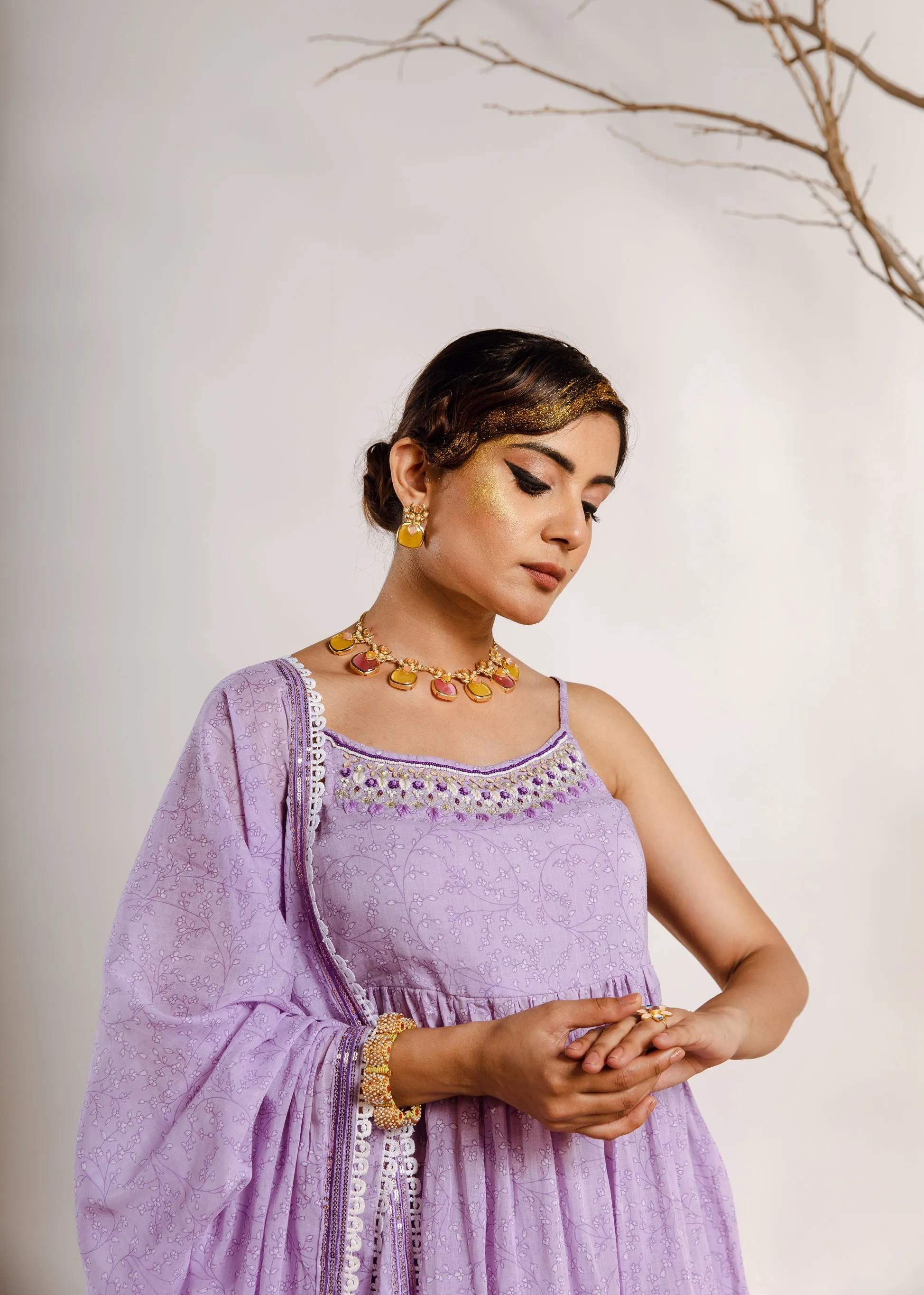 Womens Cotton Purple A-line Kurta Sharara and Dupatta With Fancy Potli Set