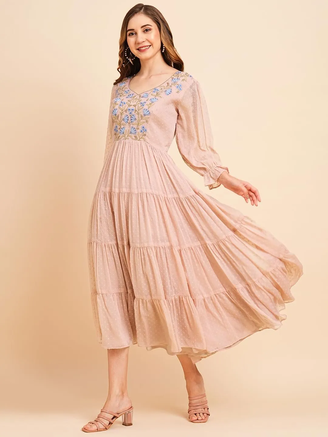 Women's Floral Embroidered Puff Sleeve Chiffon Flared Tiered Kurta Gown Maxi Dress