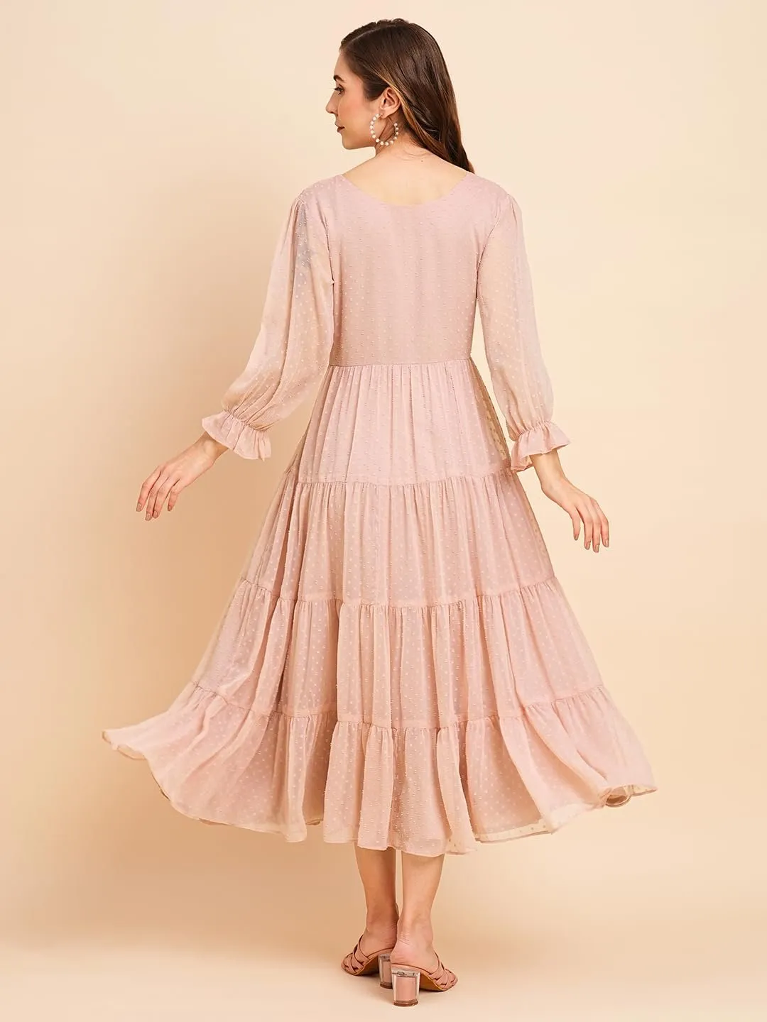Women's Floral Embroidered Puff Sleeve Chiffon Flared Tiered Kurta Gown Maxi Dress
