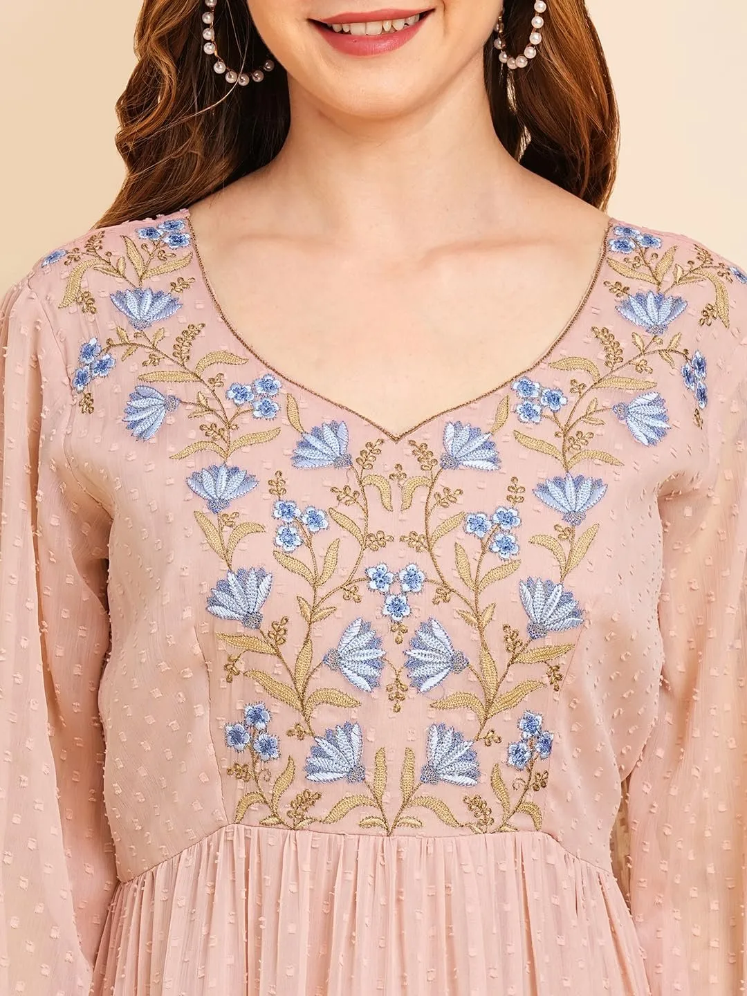 Women's Floral Embroidered Puff Sleeve Chiffon Flared Tiered Kurta Gown Maxi Dress
