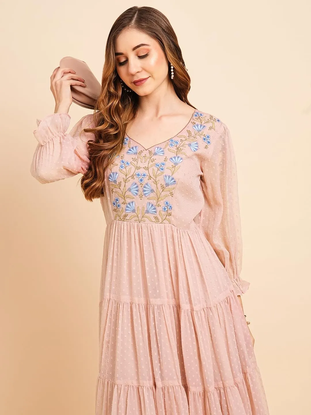 Women's Floral Embroidered Puff Sleeve Chiffon Flared Tiered Kurta Gown Maxi Dress
