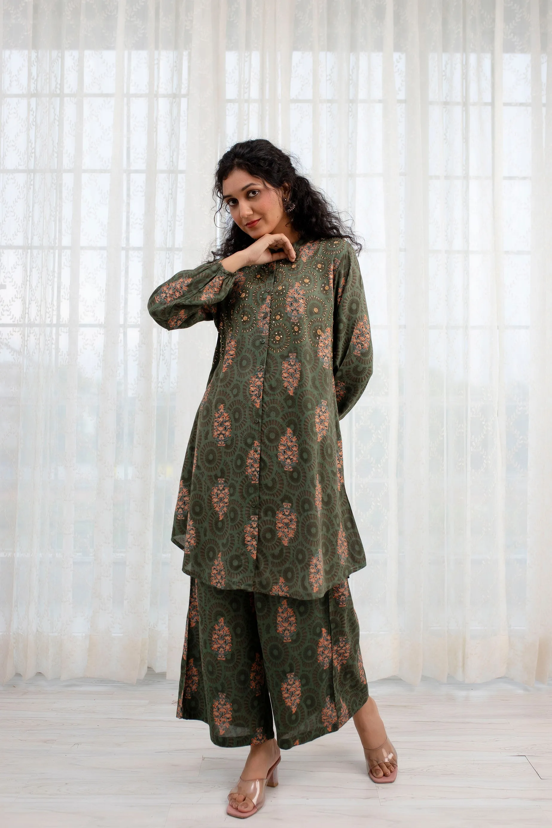 Women's Green Rayon A-Line Kurta and Palazzo Set