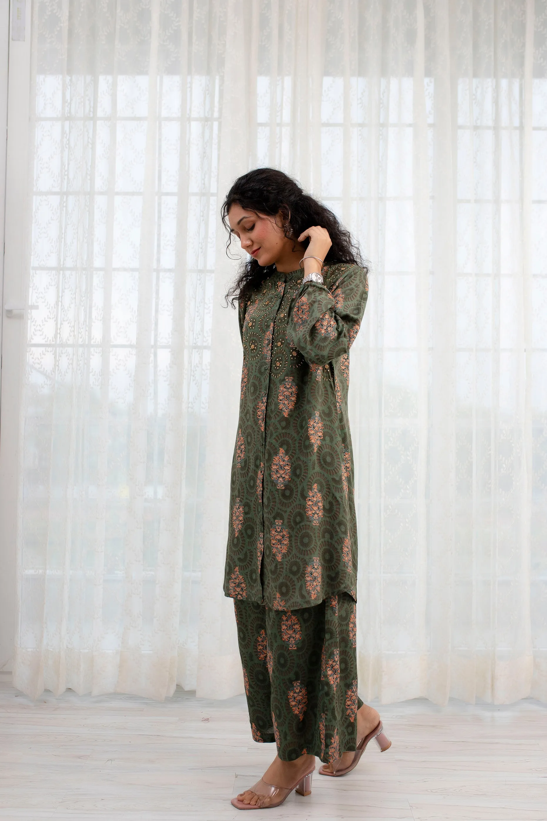 Women's Green Rayon A-Line Kurta and Palazzo Set