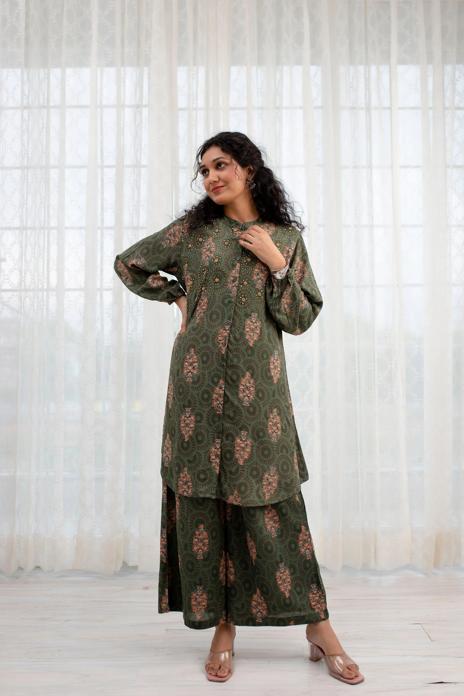 Women's Green Rayon A-Line Kurta and Palazzo Set