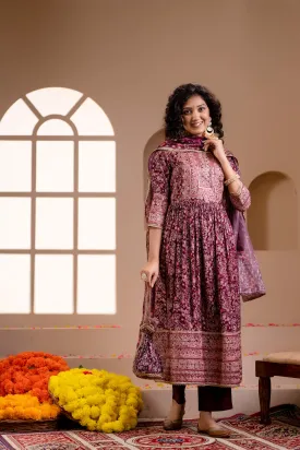 Women's Muslin Maroon Nyara Cut A-Line Ethnic Set