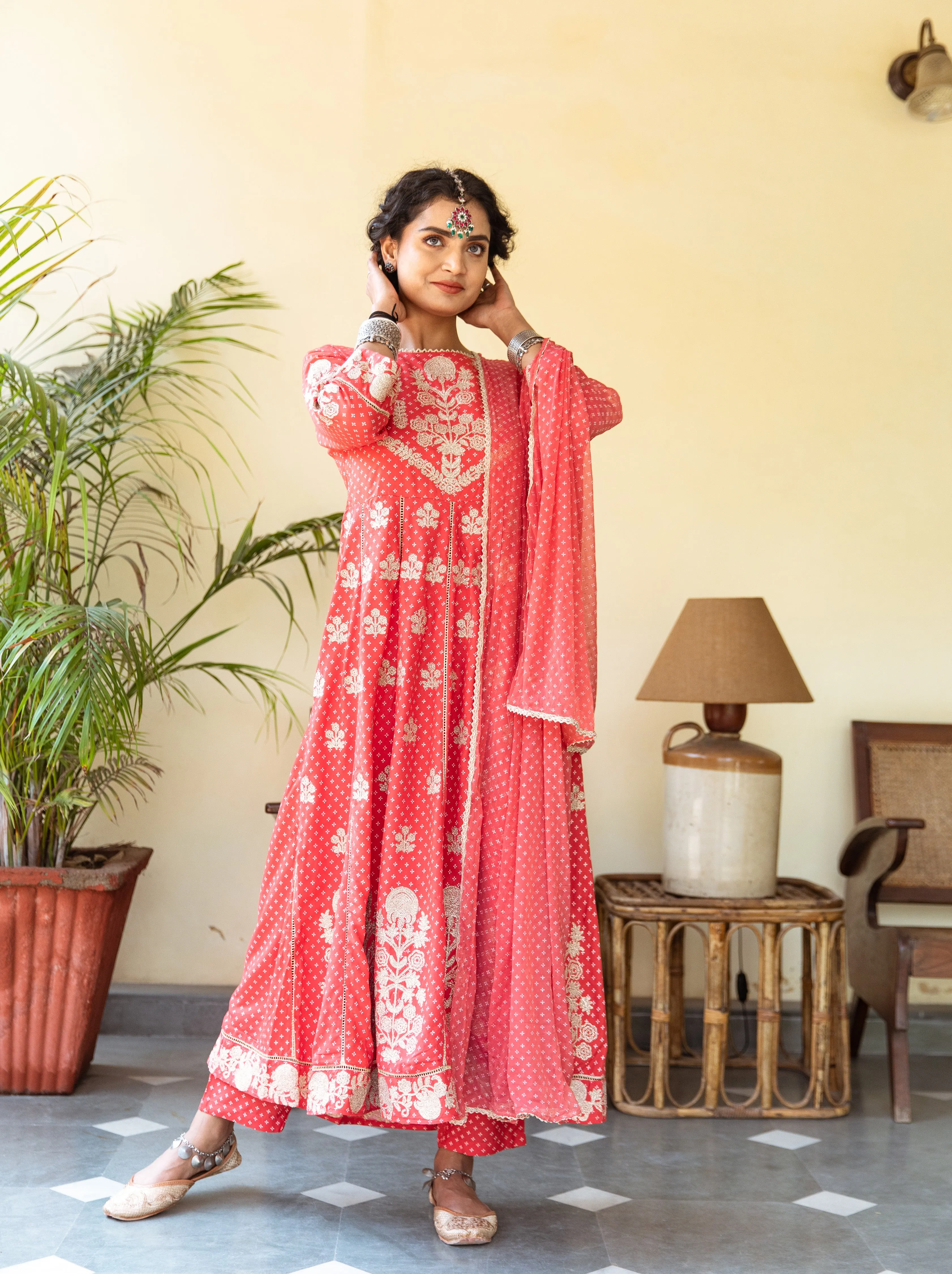 Womens Rayon Red Anarkali Kurta Pant and Dupatta With Fancy Potli Set