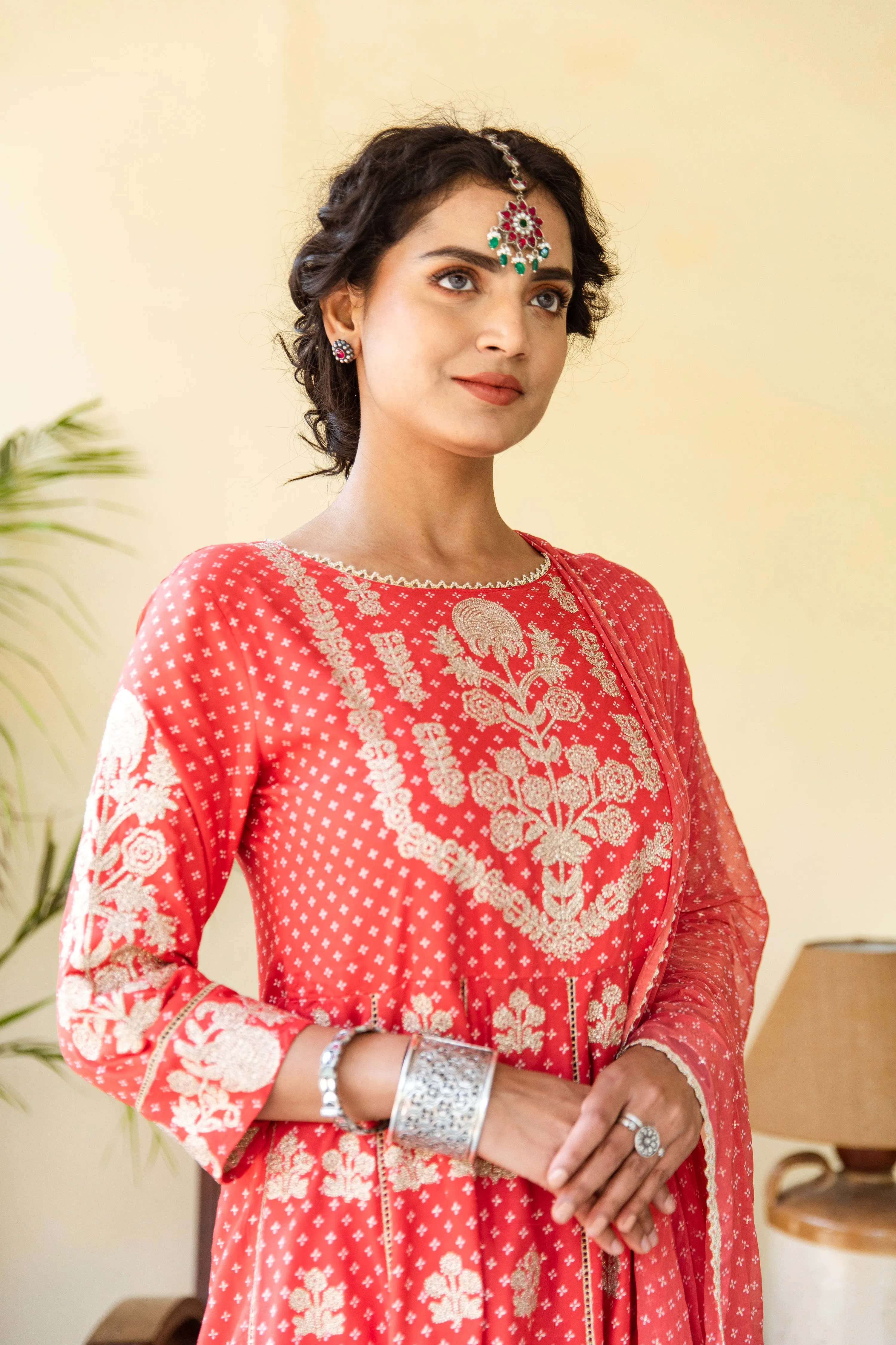 Womens Rayon Red Anarkali Kurta Pant and Dupatta With Fancy Potli Set