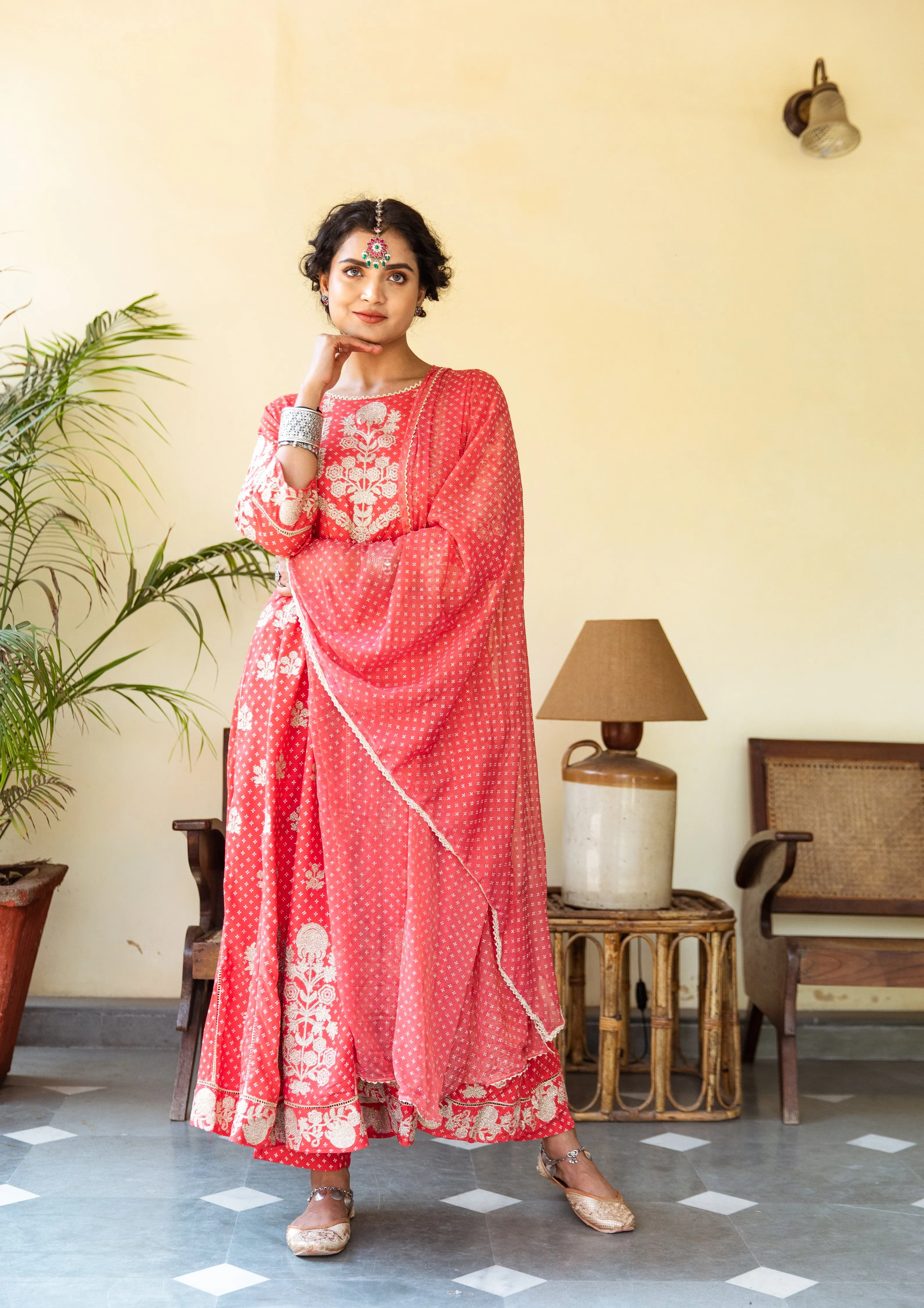 Womens Rayon Red Anarkali Kurta Pant and Dupatta With Fancy Potli Set