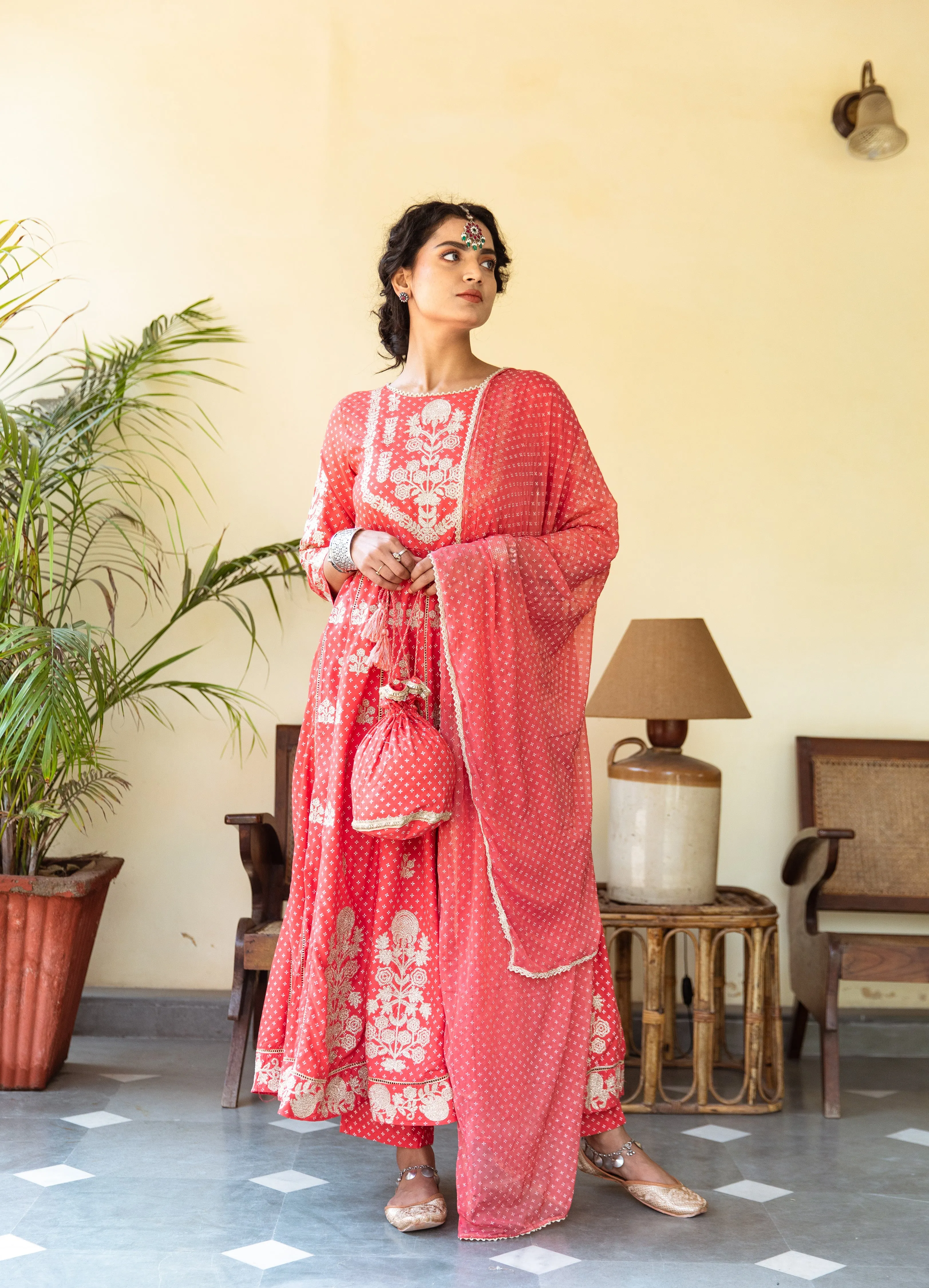 Womens Rayon Red Anarkali Kurta Pant and Dupatta With Fancy Potli Set