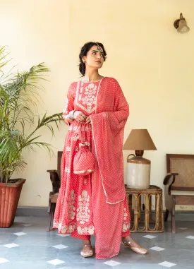 Womens Rayon Red Anarkali Kurta Pant and Dupatta With Fancy Potli Set