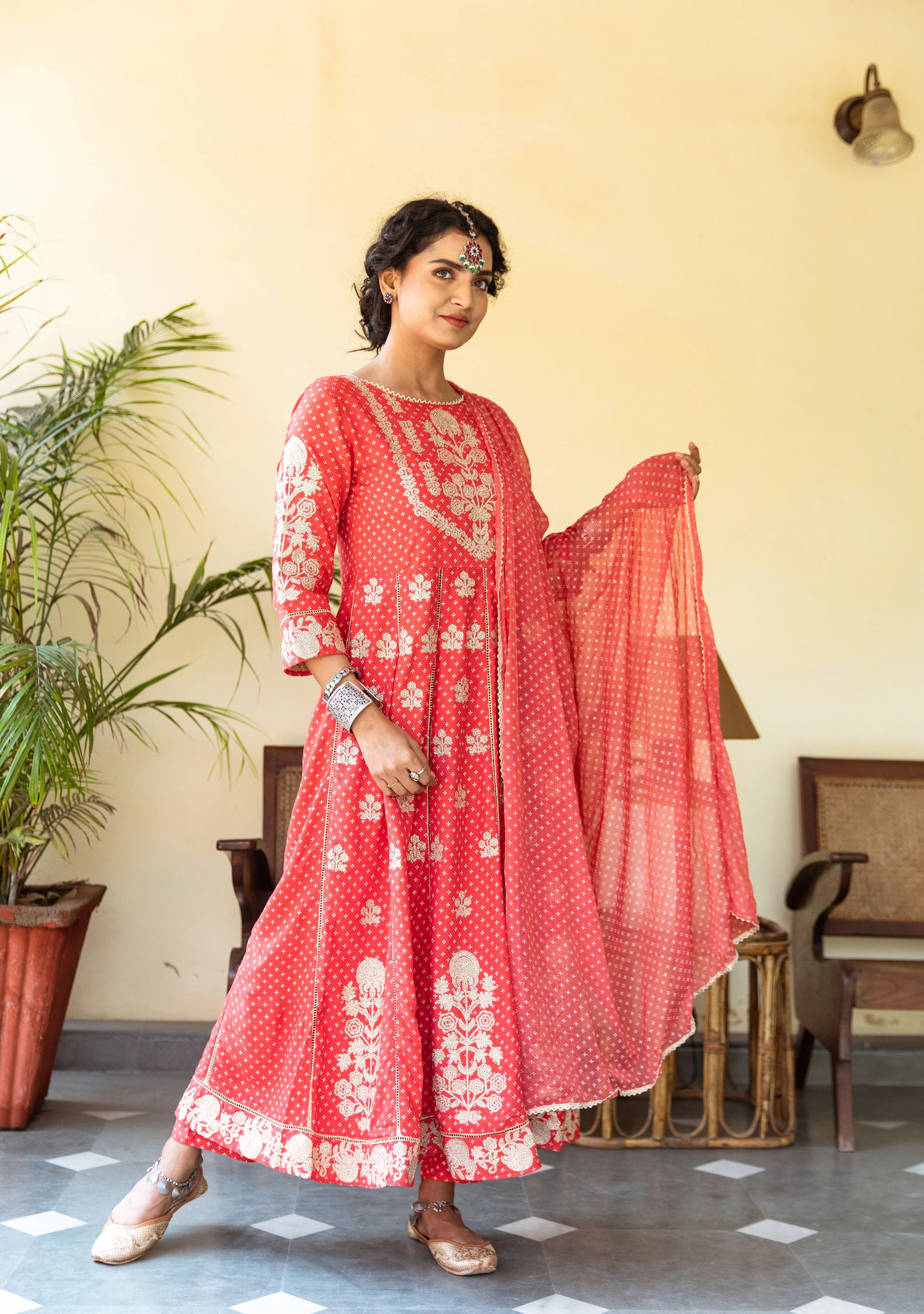 Womens Rayon Red Anarkali Kurta Pant and Dupatta With Fancy Potli Set