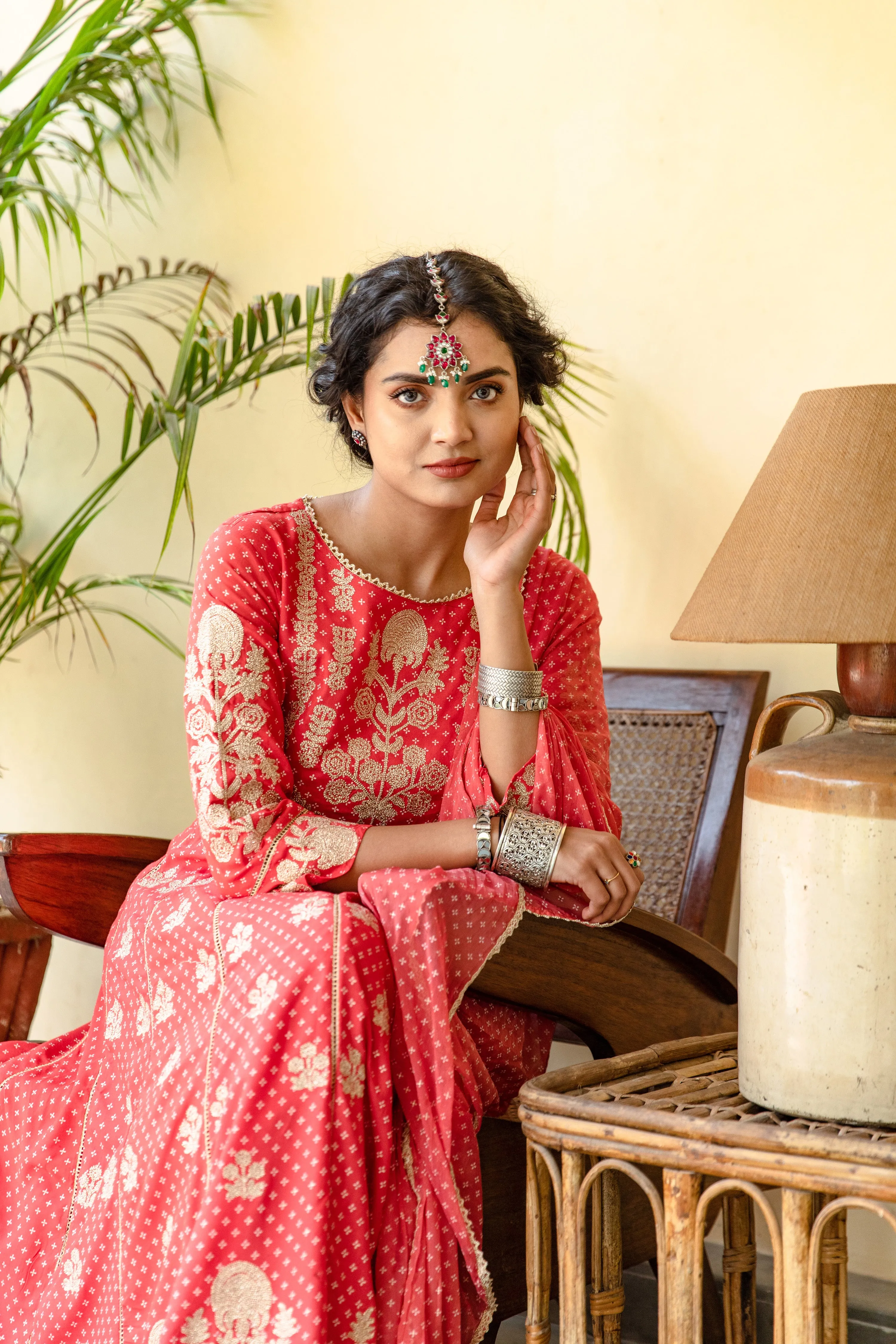 Womens Rayon Red Anarkali Kurta Pant and Dupatta With Fancy Potli Set