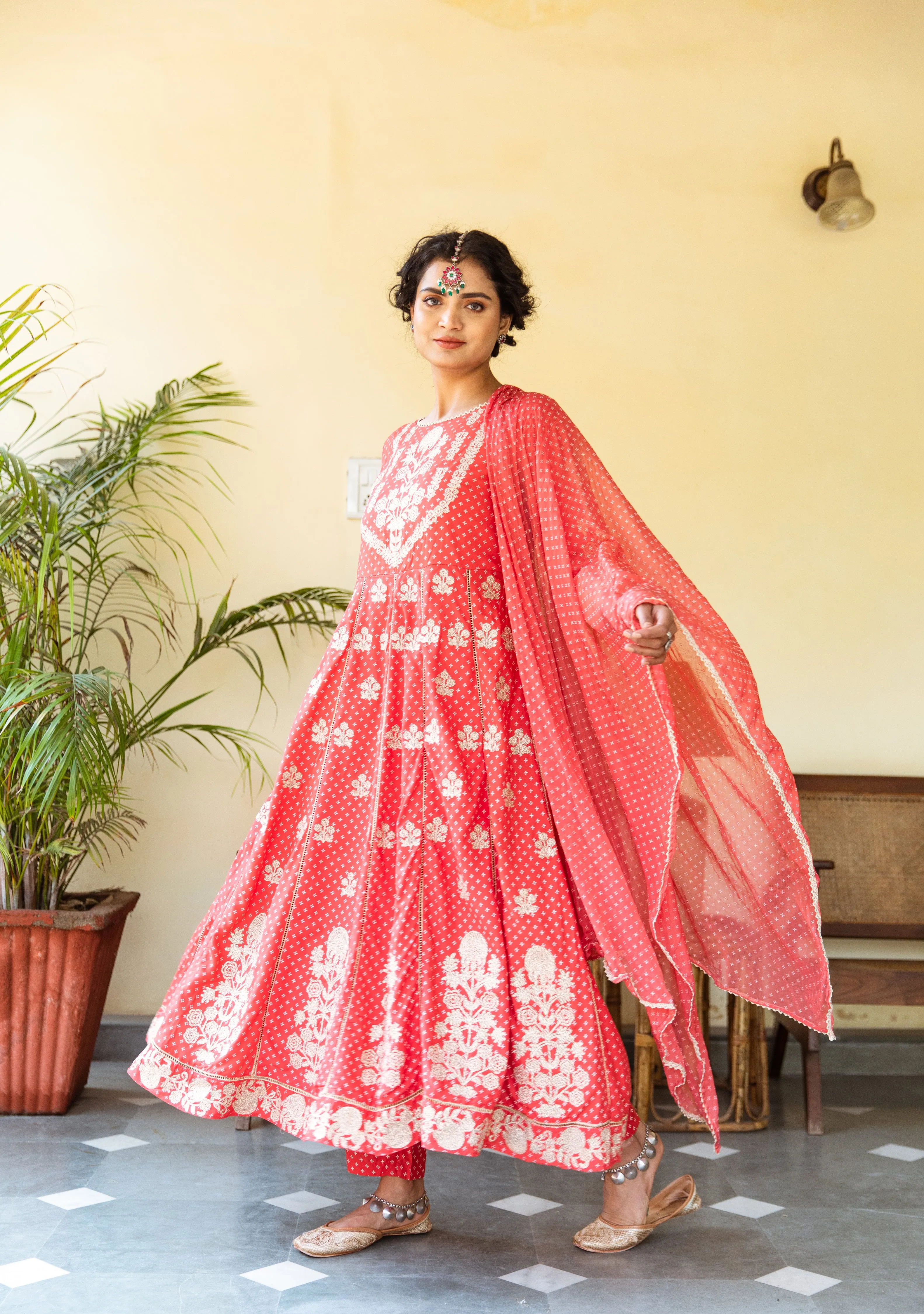 Womens Rayon Red Anarkali Kurta Pant and Dupatta With Fancy Potli Set