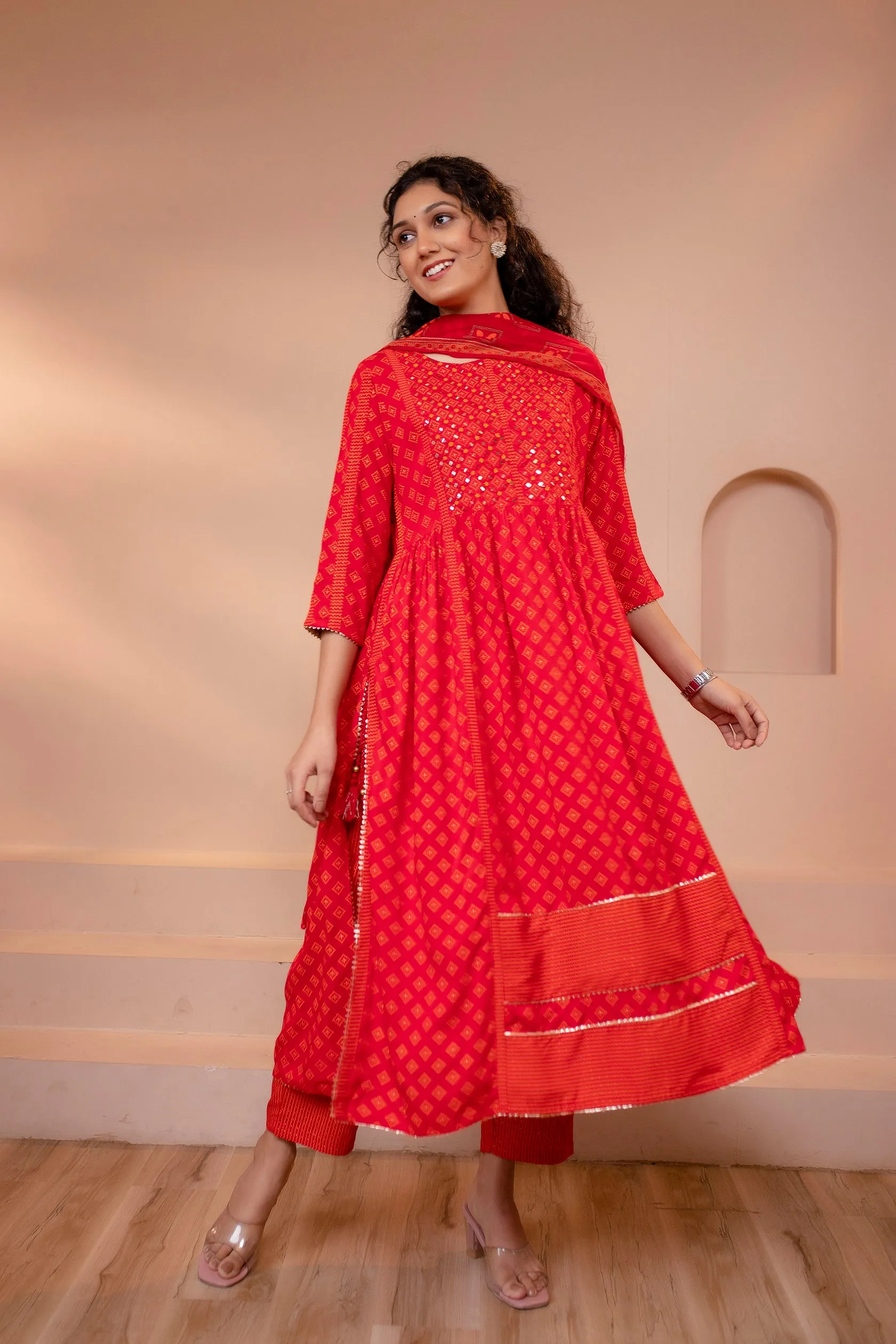 Women's Red Rayon Nyara Cut A-Line Kurta Pant and Dupatta With Fancy Potli Set