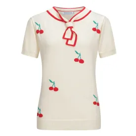 Women's rice apricot cherry embroidered knitted T-shirt