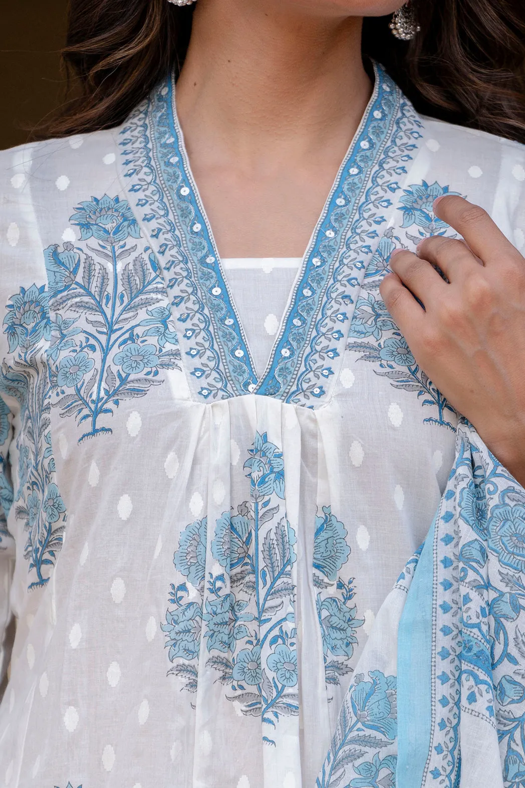 Women's White and Blue Cotton Kurta, Palazzo & Dupatta Set