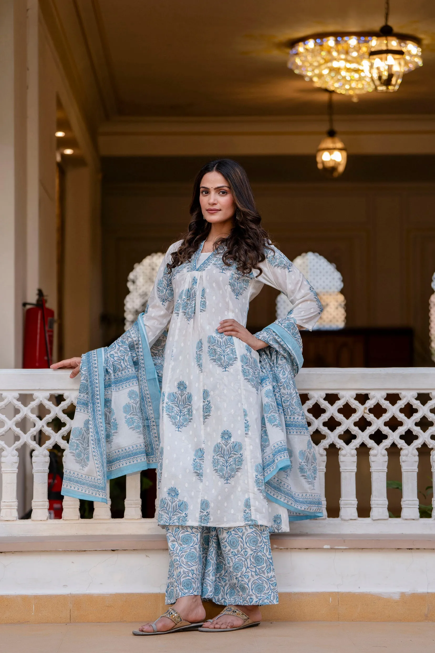 Women's White and Blue Cotton Kurta, Palazzo & Dupatta Set