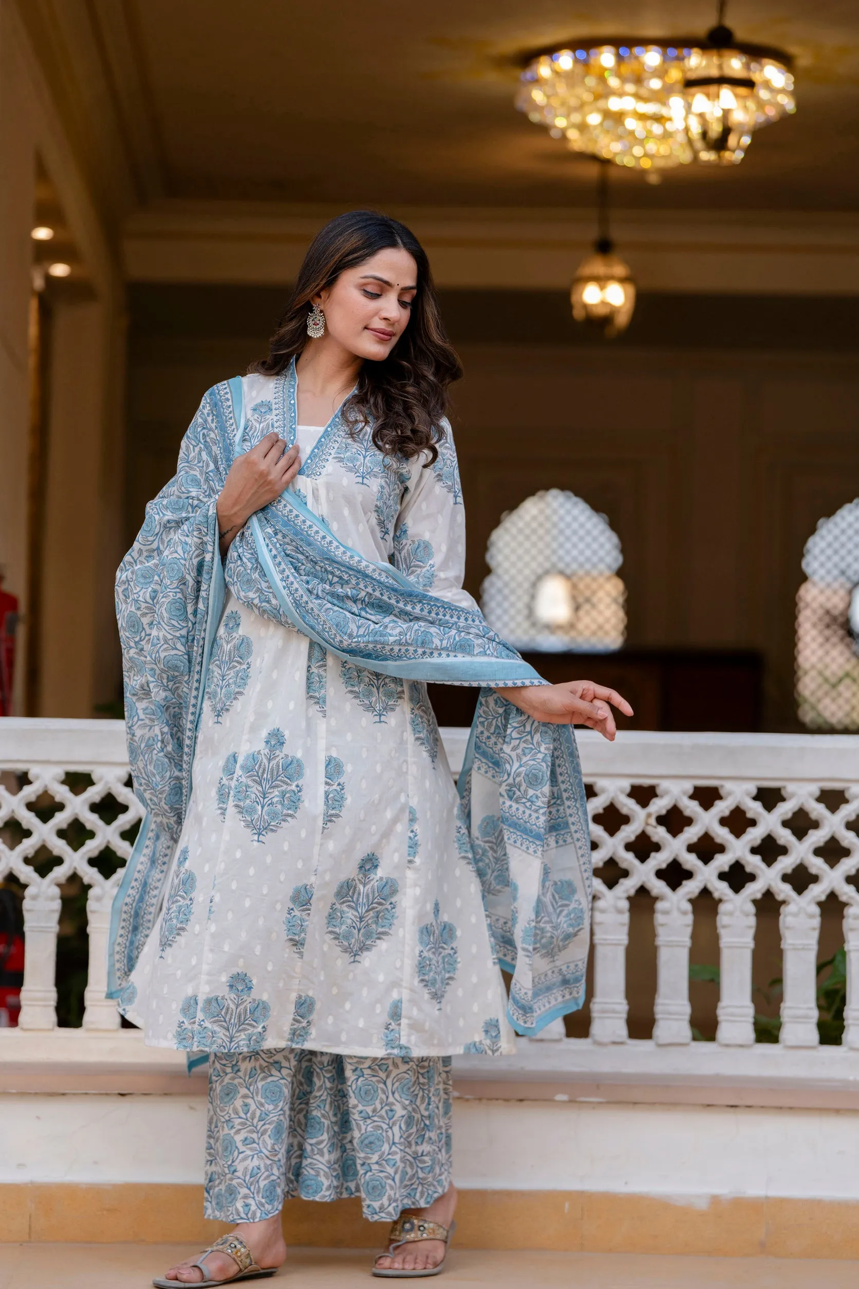Women's White and Blue Cotton Kurta, Palazzo & Dupatta Set