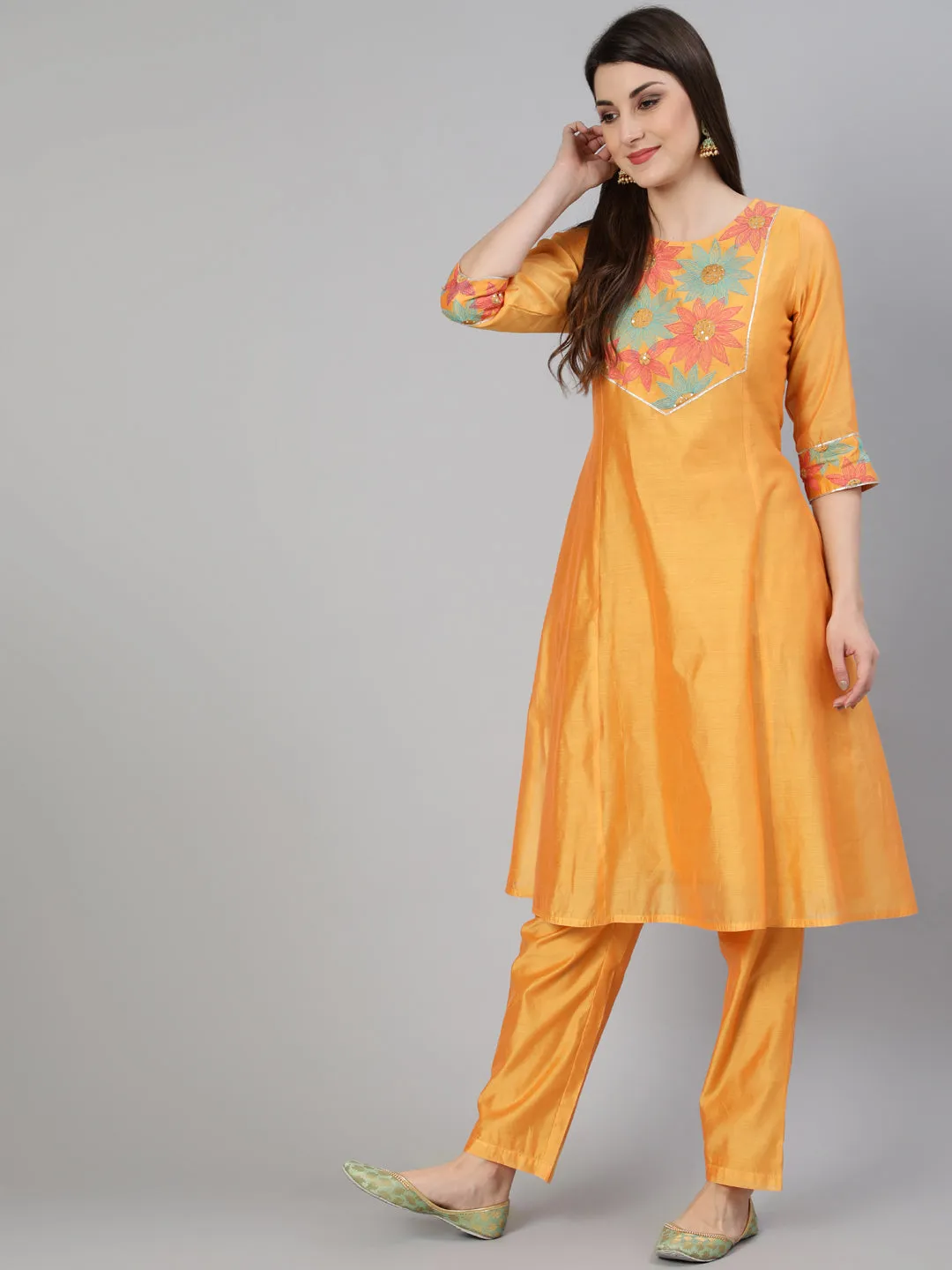 Yellow Chanderi Embroidered A-Line Princess-Cut Kurta With Pants