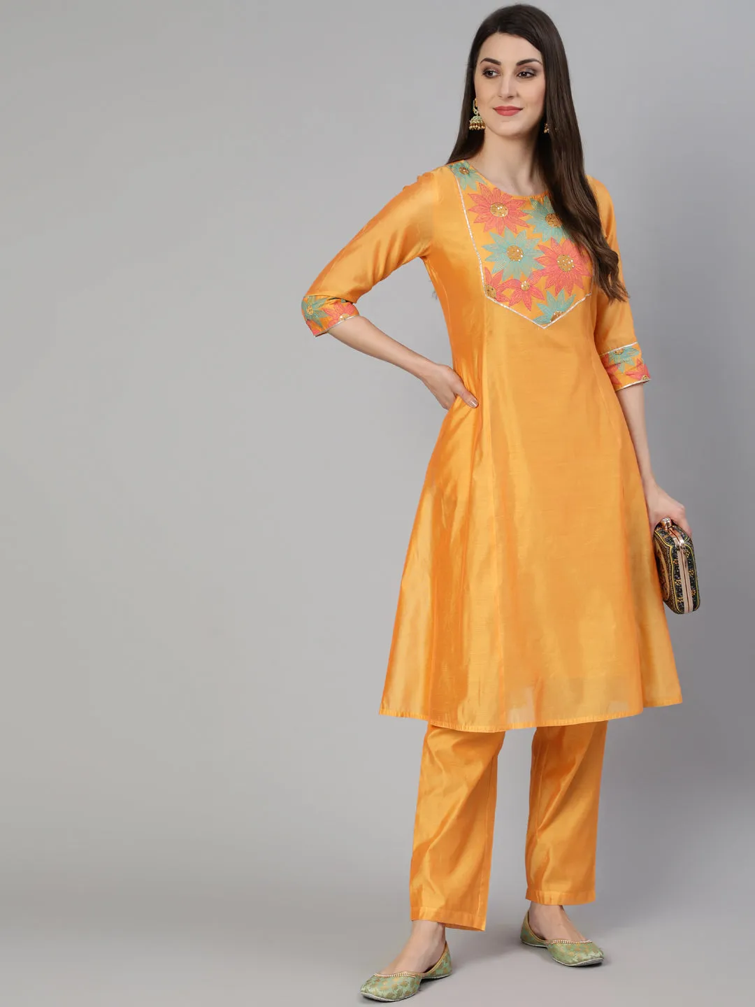 Yellow Chanderi Embroidered A-Line Princess-Cut Kurta With Pants