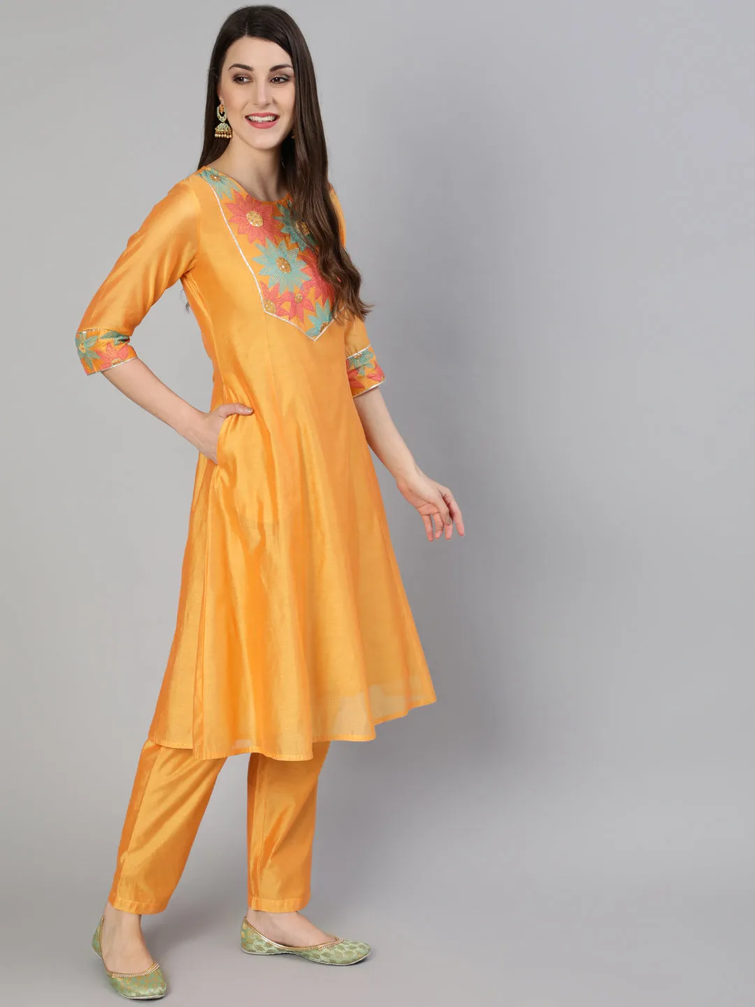 Yellow Chanderi Embroidered A-Line Princess-Cut Kurta With Pants